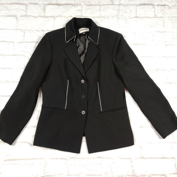 KASPER Womens petite power blazer jacket single breasted black white accent  8P - Picture 1 of 6